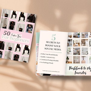 May include: Two open books on a light brown surface. The book on the left has a pink cover with the text "50 Fashion Tips For Beginners". The open book on the right has the text "5 Secrets to Boost Your Social Media".