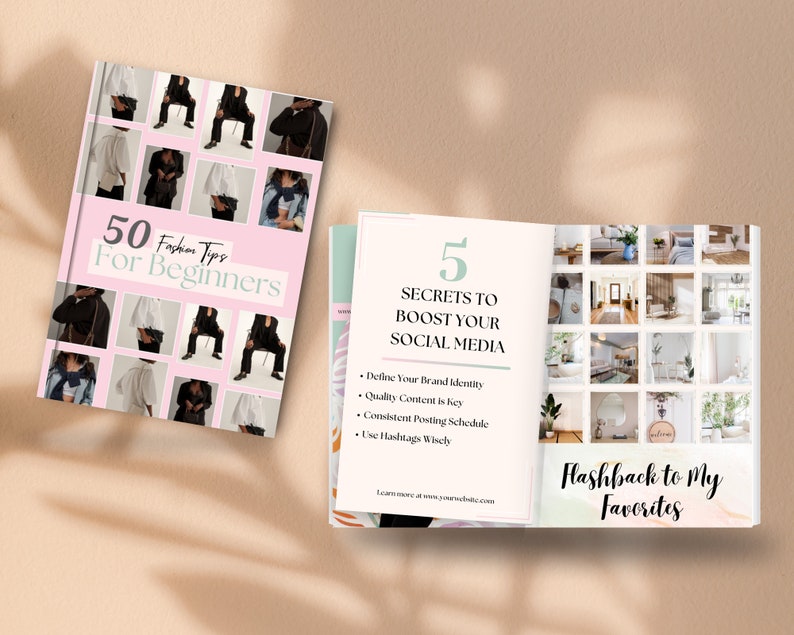 May include: Two open books on a light brown surface. The book on the left has a pink cover with the text "50 Fashion Tips For Beginners". The open book on the right has the text "5 Secrets to Boost Your Social Media".