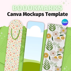 May include: Three bookmark mockups with different designs. The first bookmark has a floral pattern with pink, orange, and blue flowers on a white background. The second bookmark has a green field and blue sky with white clouds. The third bookmark has a white background with green leaves and white flowers.