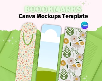 Puede incluir: Tres maquetas de marcapáginas con diferentes diseños. El primer marcapáginas tiene un patrón floral con flores rosas, naranjas y azules sobre un fondo blanco. El segundo marcapáginas tiene un campo verde y un cielo azul con nubes blancas. El tercer marcapáginas tiene un fondo blanco con hojas verdes y flores blancas.