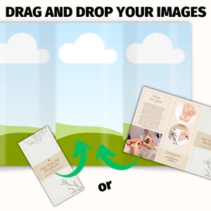 May include: A brochure with a blue sky and green landscape background. The brochure is open, displaying images of nail art and text. The text reads "Our Nail Art Products" and "Contacts". The words "DRAG AND DROP YOUR IMAGES" are at the top.