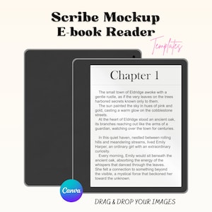 May include: A mockup of an e-book reader displaying a chapter from a fictional book. The text describes a small town called Eldridge and an ancient oak tree. The e-book reader is a dark gray color with a black screen. The text on the screen is white. The text "DRAG & DROP YOUR IMAGES" is displayed below the e-book reader.