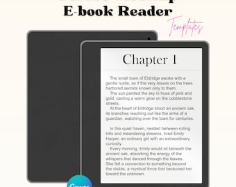 May include: A mockup of an e-book reader displaying a chapter from a fictional book. The text describes a small town called Eldridge and an ancient oak tree. The e-book reader is a dark gray color with a black screen. The text on the screen is white. The text "DRAG & DROP YOUR IMAGES" is displayed below the e-book reader.