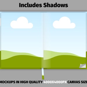 May include: Mockup of an open book with a blue sky and green hills background. The book has a white cloud on each page. The text "Includes Shadows" is at the top of the image. The text "MOCKUPS IN HIGH QUALITY 4000X4000PX CANVAS SIZE" is at the bottom of the image.