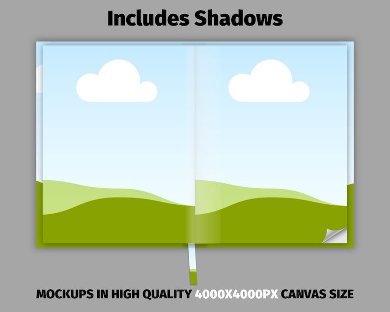 May include: Mockup of an open book with a blue sky and green hills background. The book has a white cloud on each page. The text "Includes Shadows" is at the top of the image. The text "MOCKUPS IN HIGH QUALITY 4000X4000PX CANVAS SIZE" is at the bottom of the image.