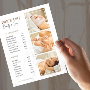 Pu&ograve; includere: Un listino prezzi per un salone di bellezza e spa. L'elenco include i prezzi per i trattamenti viso, come il trattamento viso base, il trattamento viso premium, il peeling chimico e il trattamento dell'acne. L'elenco include anche i prezzi per i massaggi, come il massaggio completo, il massaggio collo e schiena, il massaggio mani, il massaggio tradizionale, le pietre calde, il sollievo dallo stress, il massaggio svedese e il massaggio dei tessuti profondi.