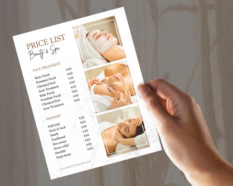 Pu&ograve; includere: Un listino prezzi per un salone di bellezza e spa. L'elenco include i prezzi per i trattamenti viso, come il trattamento viso base, il trattamento viso premium, il peeling chimico e il trattamento dell'acne. L'elenco include anche i prezzi per i massaggi, come il massaggio completo, il massaggio collo e schiena, il massaggio mani, il massaggio tradizionale, le pietre calde, il sollievo dallo stress, il massaggio svedese e il massaggio dei tessuti profondi.