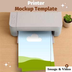 May include: A light gray printer mockup template with the text "Printer Mockup Template" at the top. The printer is printing a sheet of paper with a blue sky and green hills design. A small potted plant sits to the right.