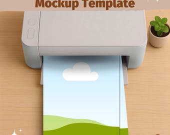 May include: A light gray printer mockup template with the text "Printer Mockup Template" at the top. The printer is printing a sheet of paper with a blue sky and green hills design. A small potted plant sits to the right.