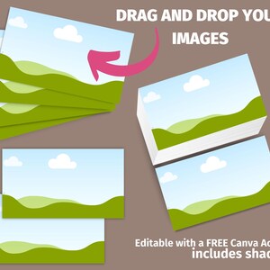 Pode incluir: Modelo Canva edit&aacute;vel com um design de paisagem verde, azul e branco. Arraste e solte suas imagens para criar cart&otilde;es personalizados. O texto "DRAG AND DROP YOUR IMAGES" est&aacute; inclu&iacute;do no modelo. O texto "Editable with a FREE Canva Account includes shadows" tamb&eacute;m est&aacute; inclu&iacute;do no modelo.