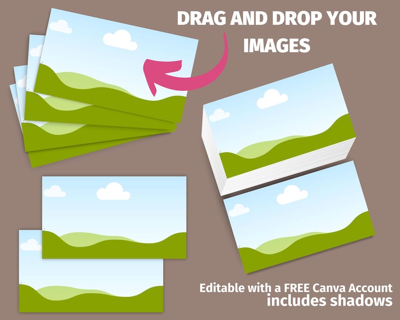 Pode incluir: Modelo Canva edit&aacute;vel com um design de paisagem verde, azul e branco. Arraste e solte suas imagens para criar cart&otilde;es personalizados. O texto "DRAG AND DROP YOUR IMAGES" est&aacute; inclu&iacute;do no modelo. O texto "Editable with a FREE Canva Account includes shadows" tamb&eacute;m est&aacute; inclu&iacute;do no modelo.