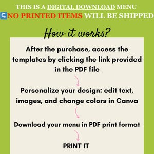 May include: A digital download menu graphic with a green background and a white box containing instructions. The text reads "THIS IS A DIGITAL DOWNLOAD MENU" and "NO PRINTED ITEMS WILL BE SHIPPED". Instructions include accessing templates, personalizing designs, and downloading in PDF format.