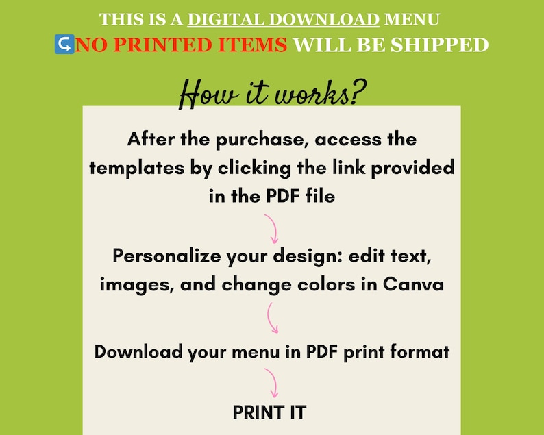 May include: A digital download menu graphic with a green background and a white box containing instructions. The text reads "THIS IS A DIGITAL DOWNLOAD MENU" and "NO PRINTED ITEMS WILL BE SHIPPED". Instructions include accessing templates, personalizing designs, and downloading in PDF format.