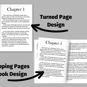 May include: A book design mockup with a turned page showing the text "Chapter 1" and the beginning of a story about a small town called Eldridge. The text describes the town as quiet and peaceful, with a mystical feel. The book design is for a novel or short story.