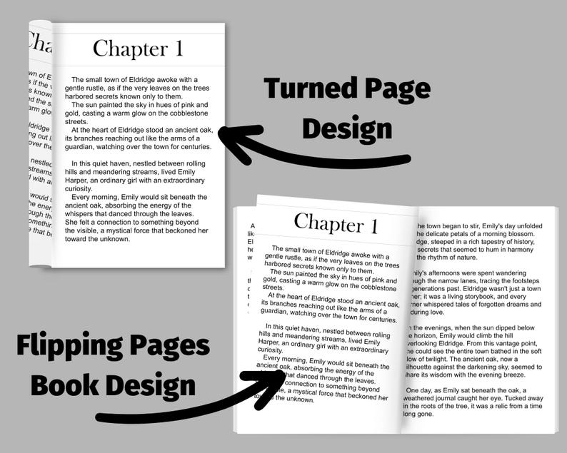 May include: A book design mockup with a turned page showing the text "Chapter 1" and the beginning of a story about a small town called Eldridge. The text describes the town as quiet and peaceful, with a mystical feel. The book design is for a novel or short story.