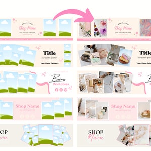 May include: A digital collage of images for social media featuring a pink and white color scheme. The images include a variety of products, such as candles, soaps, and printables. The text "Shop Name" and "Business Printables" is included in the collage.