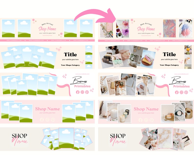 May include: A digital collage of images for social media featuring a pink and white color scheme. The images include a variety of products, such as candles, soaps, and printables. The text "Shop Name" and "Business Printables" is included in the collage.