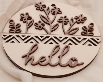 Door sign "hello" 3D family sign | walnut-maple wood from 20 cm | natural front door decoration fairy motif | family sign | door sign