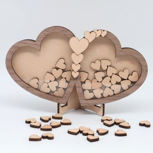 GÄSTEBUCH AUS HOLZ zwei Herzen für Hochzeit, Geburtstag und Jubiläum, personalisiert aus edlem Nussbaum Holz und Ahorn- Buchen Holz