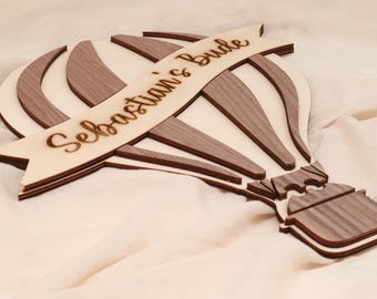 Children's room door sign personalized "Hot air balloon" | walnut and maple wood 3D | natural nameplate | birthday gift boho