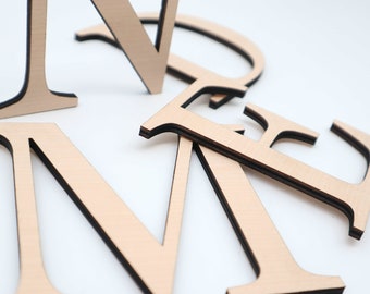 May include: Close-up of wooden letters in the alphabet, including the letters I, N, M, and E. The letters are painted a light brown color and have black edges.