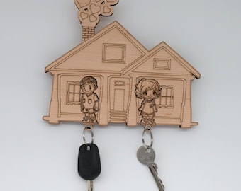 Schlüsselbrett aus Ahorn Holz, natürlich unbehandelt, Schlüsselhalter mit Mann und Frau Motiv, Schlüssel Board, Oben, Schlüssel Ordnung