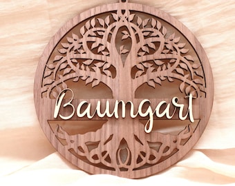 Door sign and family sign | Walnut-maple wood from 20 cm | Natural front door decoration with fairy motif | Family sign | Tree of Life
