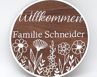 Personalized family name door sign | Round made of walnut wood and acrylic glass | Wildflower motif | Front door and window picture | Spring decoration