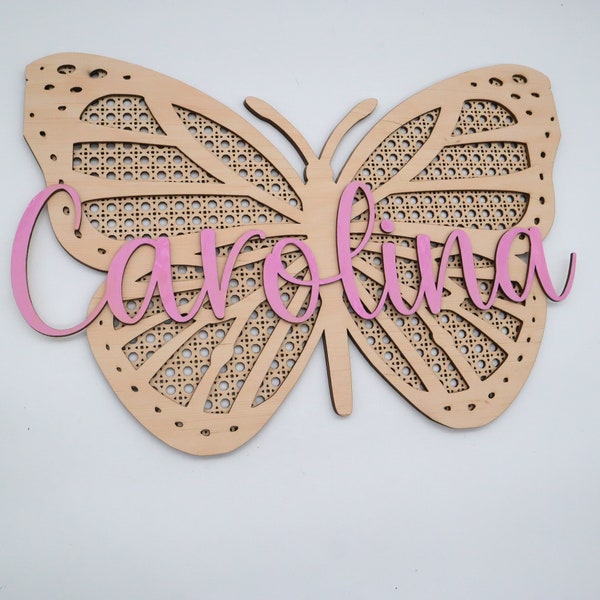 Kinderzimmer Türschild Schmetterling mit Rattan, Personalisiertes Namensschild für Kinderzimmertür, Wanddekoration, Geschenk, Spielzimmer