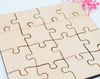 Natürliches Holzpuzzle 16 Teile, unbehandeltes blanko Puzzle zum selbst bemalen, rohe Puzzle Teile, kreativ gestalten, pädagogisch wertvoll