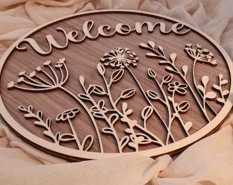 3D-look "Welcome" door sign from 20 cm made of walnut and maple wood | Natural front door with spring flowers motif | Family sign | Door sign
