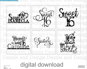 Birthday Cake Topper - Sweet 16 Bundle SVG File (includes svg, eps, dxf, png, jpeg formats). Cut File Commercial Use