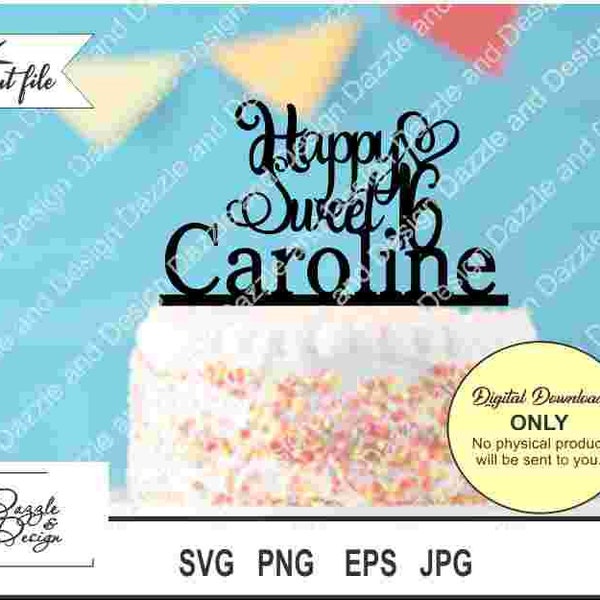 Birthday Cake Topper - Sweet 16 SVG File (includes svg, eps, dxf, png, jpeg formats). Cut File for Cricut, Silhouette, etc. Commercial Use