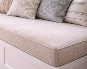 Cojín de banco personalizado, 7,6 cm de grosor, espuma de alta densidad, funda lavable con cremallera y ribete.