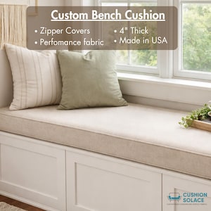 Custom Window Bench Cushion, 4" Thick, Zipper Covers, Performance Fabric