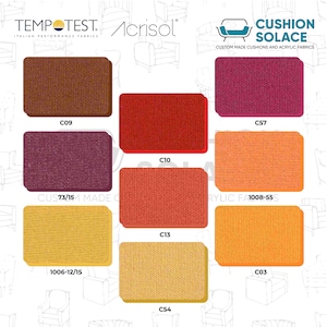 May include: A color palette of fabric swatches from Cushion Solace, featuring various shades of red, orange, yellow, and purple. The swatches are labeled with codes like C09, C10, C13, C54, C57, and C03. The image also displays the brands Tempotest and Acrisol.