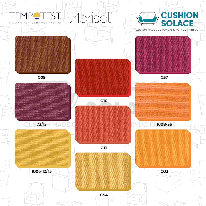 May include: A color palette of fabric swatches from Cushion Solace, featuring various shades of red, orange, yellow, and purple. The swatches are labeled with codes like C09, C10, C13, C54, C57, and C03. The image also displays the brands Tempotest and Acrisol.
