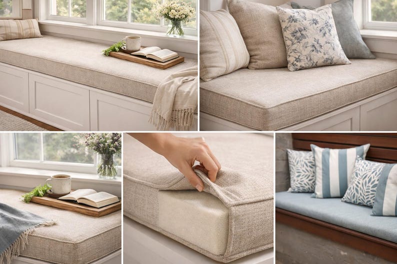 May include: A collection of neutral-toned window seat cushions and throw pillows. The cushions are rectangular with a light beige fabric and a contrasting border. Decorative pillows feature floral and striped patterns. A hand is shown pulling back the cushion fabric.