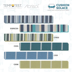 May include: A display of striped fabric samples in various colors, including blue, green, and beige. The samples are labeled with codes and the brands Tempotest and Acrisol. The text "CUSHION SOLACE" is also visible.