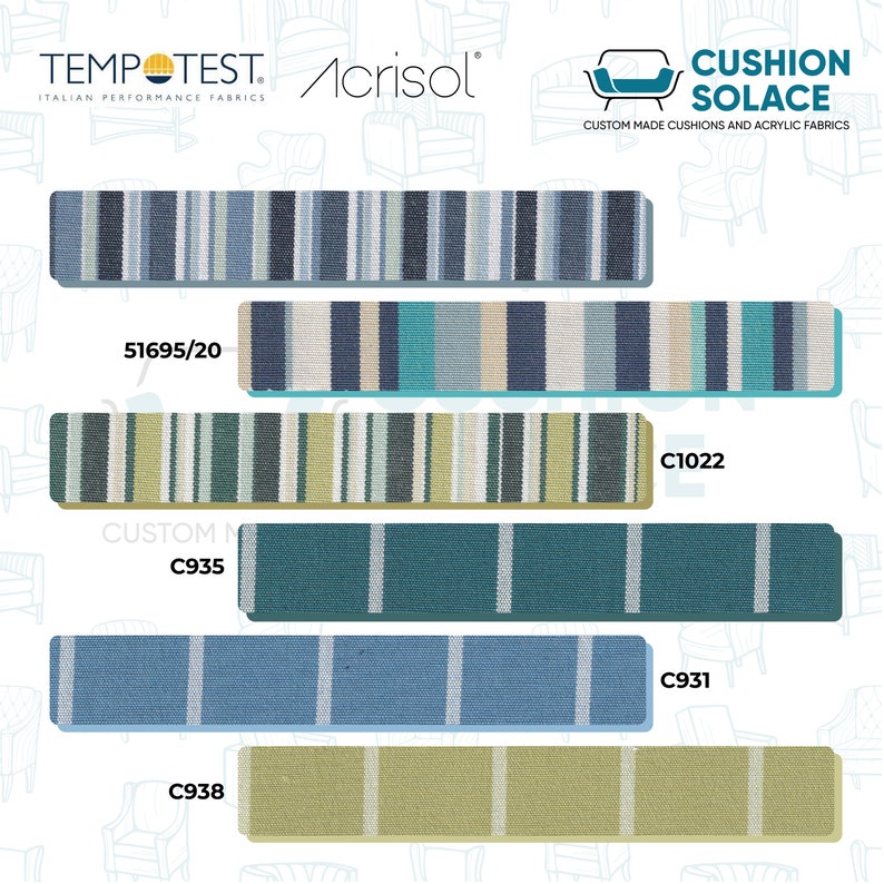 May include: A display of striped fabric samples in various colors, including blue, green, and beige. The samples are labeled with codes and the brands Tempotest and Acrisol. The text "CUSHION SOLACE" is also visible.