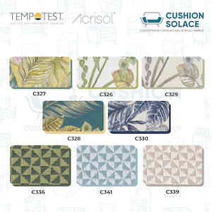 May include: A collection of eight rectangular fabric swatches labeled C327, C326, C329, C328, C330, C336, C341, and C339. The patterns include yellow, green, and blue tropical leaf prints alongside geometric triangle and square motifs.