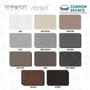 May include: A display of fabric swatches from Tempotest and Acrisol, featuring various colors and textures. The swatches are labeled with codes like C85, 1019-151/15, and 1002-106. The image also includes the text "CUSHION SOLACE" and "CUSTOM MADE CUSHIONS AND ACRYLIC FABRICS".