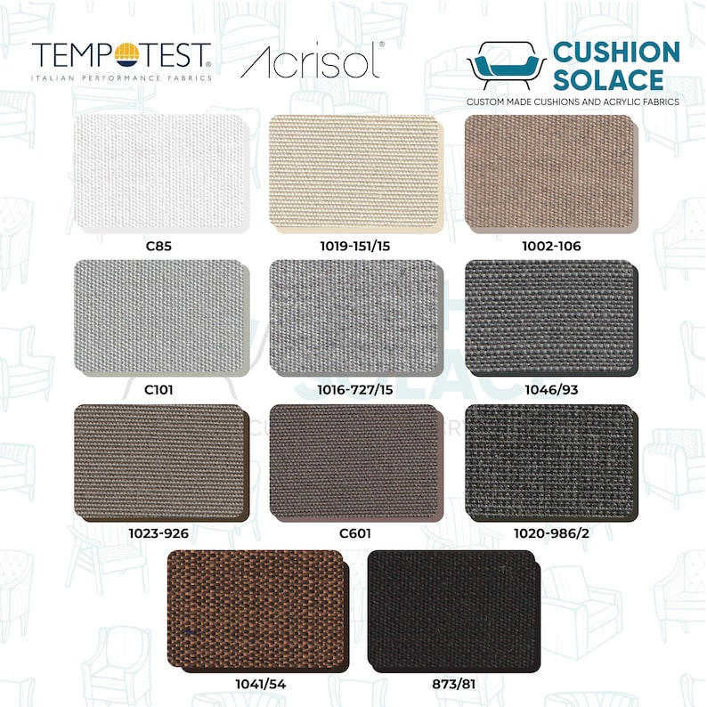May include: A display of fabric swatches from Tempotest and Acrisol, featuring various colors and textures. The swatches are labeled with codes like C85, 1019-151/15, and 1002-106. The image also includes the text "CUSHION SOLACE" and "CUSTOM MADE CUSHIONS AND ACRYLIC FABRICS".