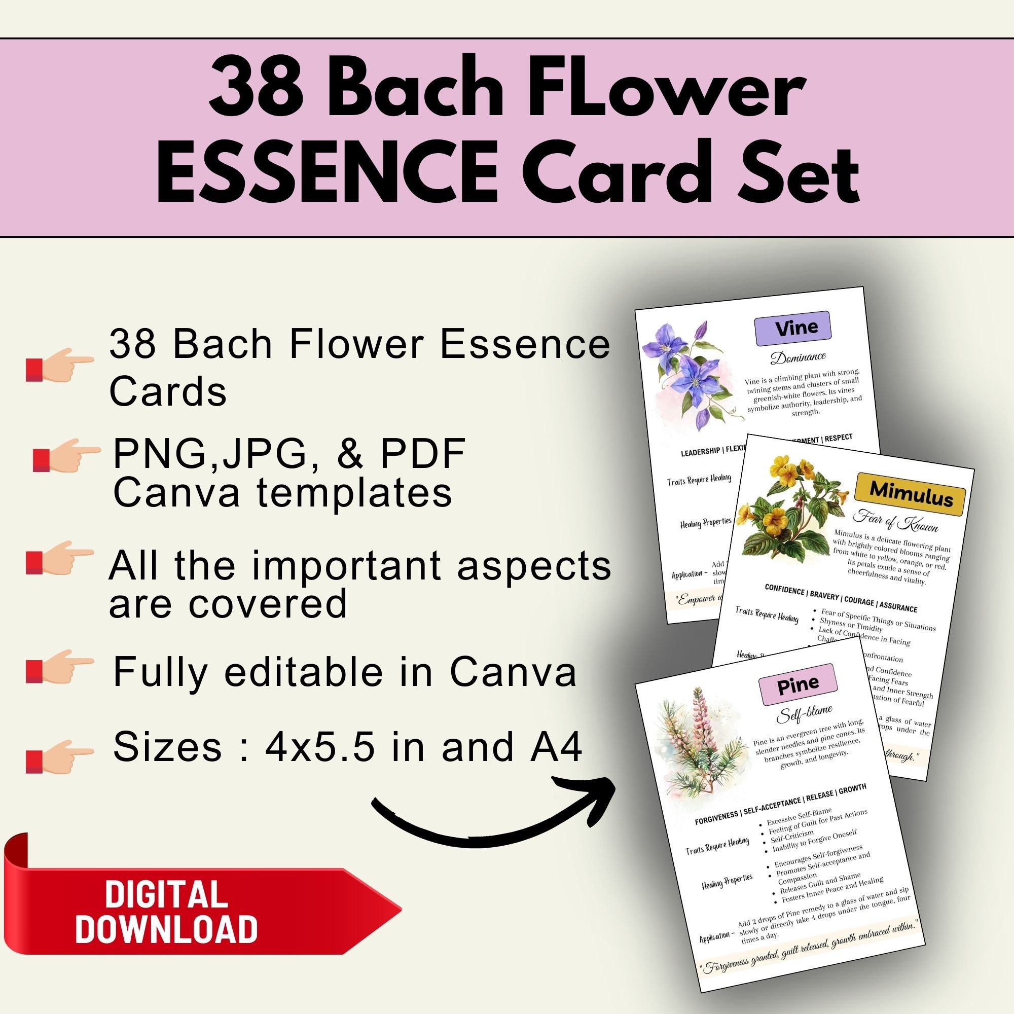 38 Bach Flower Cards Printable Bach Remedy Healing Cards, Canva