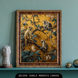 Golden Jungle Monkeys Canvas Print - Vintage Wildlife Art, Exotic Animal Home Decor