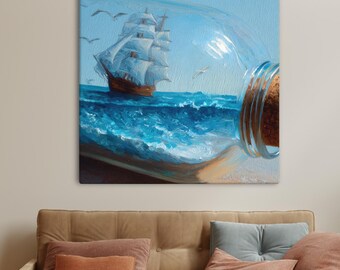 Surrealistisch schip in een fles kunst aan de muur - kust oceaan canvas print - beachy muur decor - fantasie zeegezicht schilderij - nautische dopamine decor