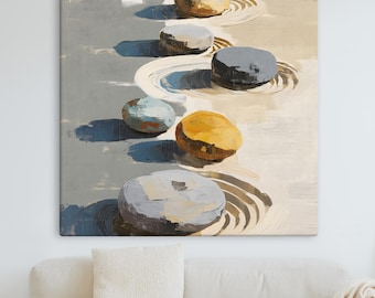Japandi kunst aan de muur met stenen | Wabi Sabi Zen Canvas – minimalistisch neutraal decor voor een rustig interieur en serene, organische ruimtes