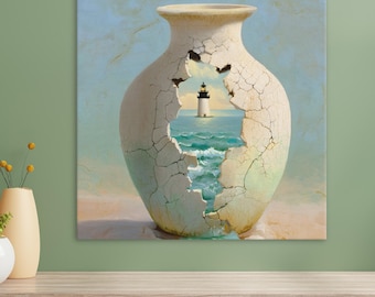 Surrealistische kustoma-muurkunst | Vuurtorenvaas olieverfschilderij | Wabi Sabi nautisch decor | Canvasafdruk van gebarsten aardewerk