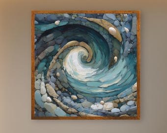 Spiral Ocean Art Canvas Print – Textured Sea Swirl with Pebbles & Shells, Coastal Home Living Room Decor, Calm Beach House Wall Art