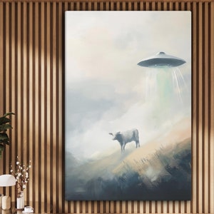 Neutral Moody Wall Art | Surreal Farmhouse Canvas Print | Whimsical UFO Alien Abduction Cow Art